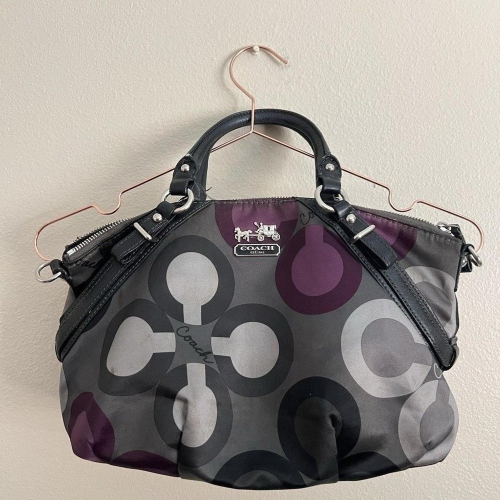 Coach Poppy Purple black gray floral bag top handle satchel